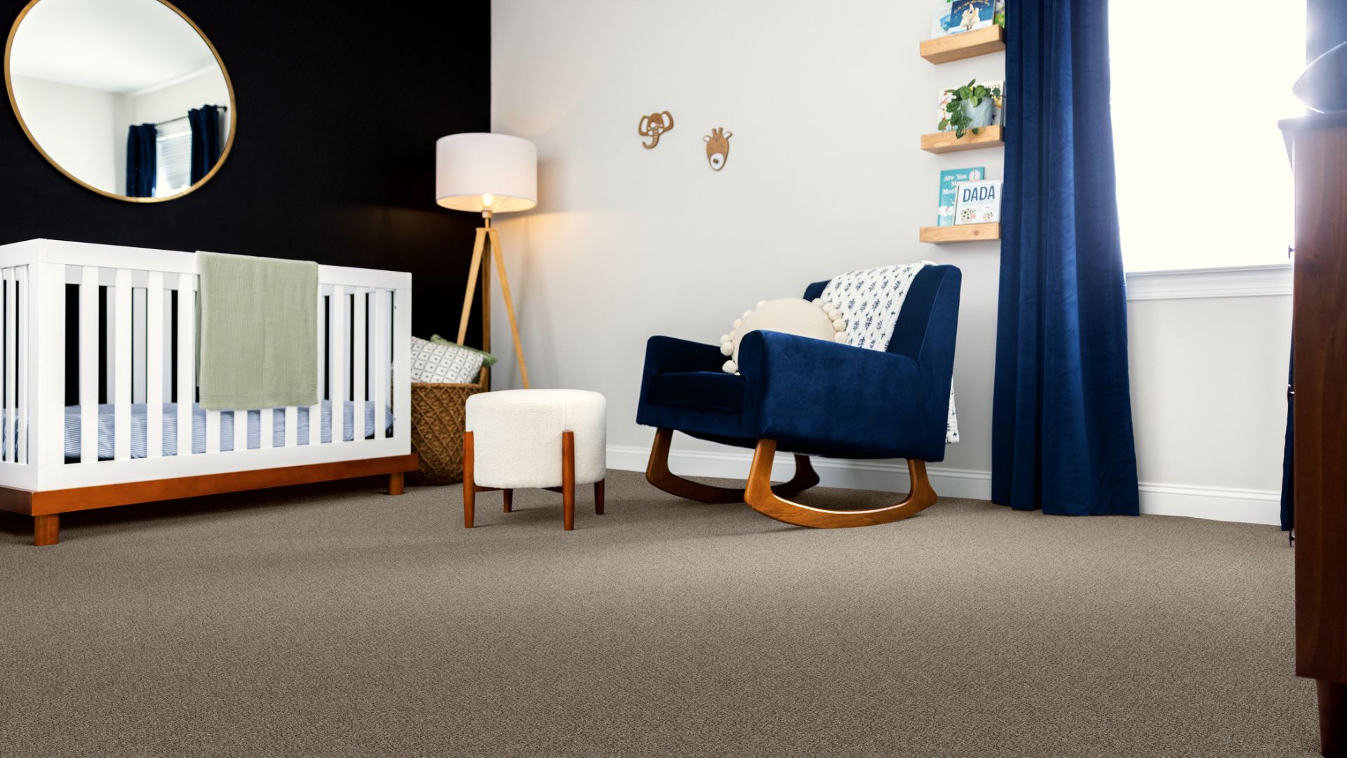 Beige carpet in a baby's nursery.